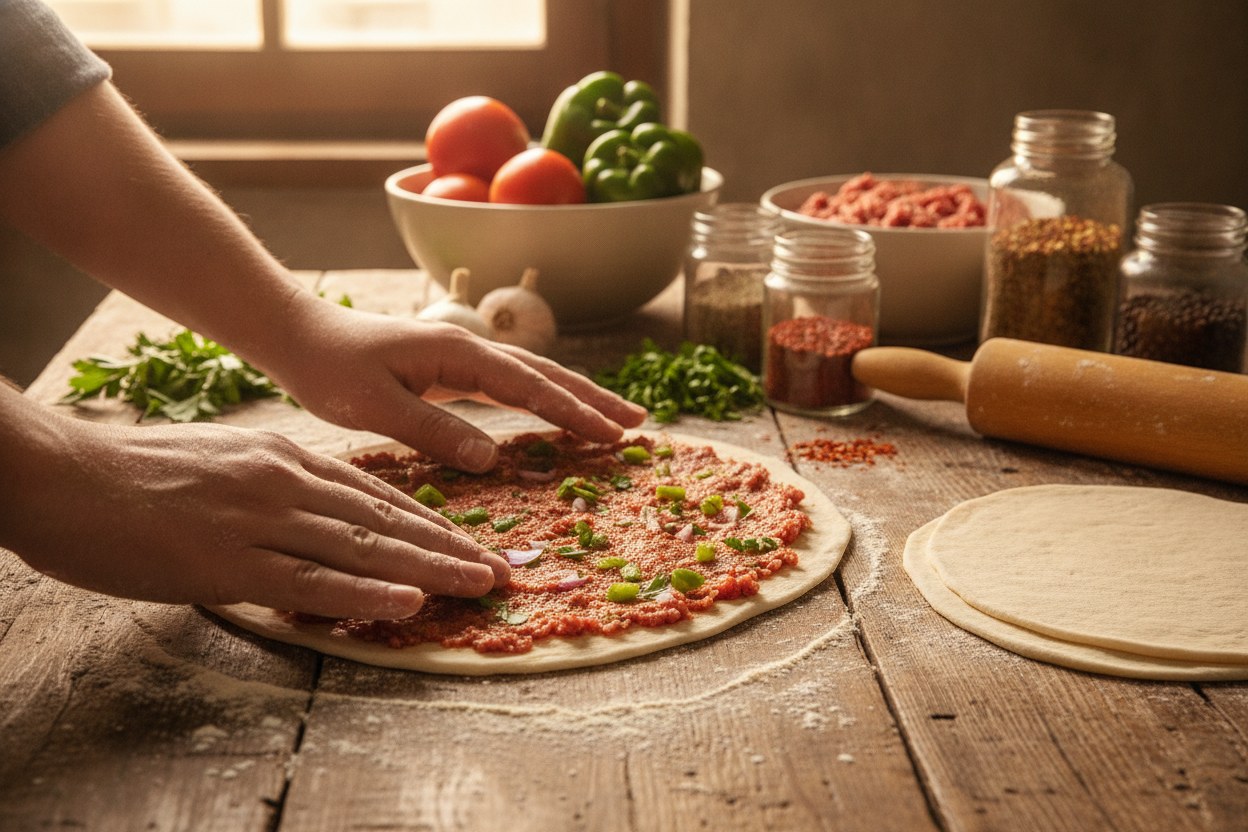 Açılmış hamura kıymalı lahmacun harcının sürülmesi