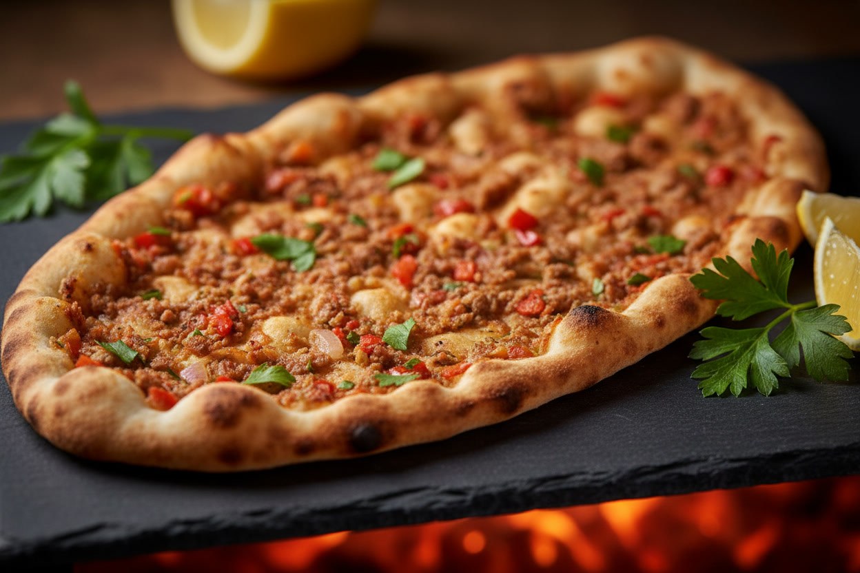 Közde pişmiş, kırmızı biberli çıtır acılı lahmacun yakın plan