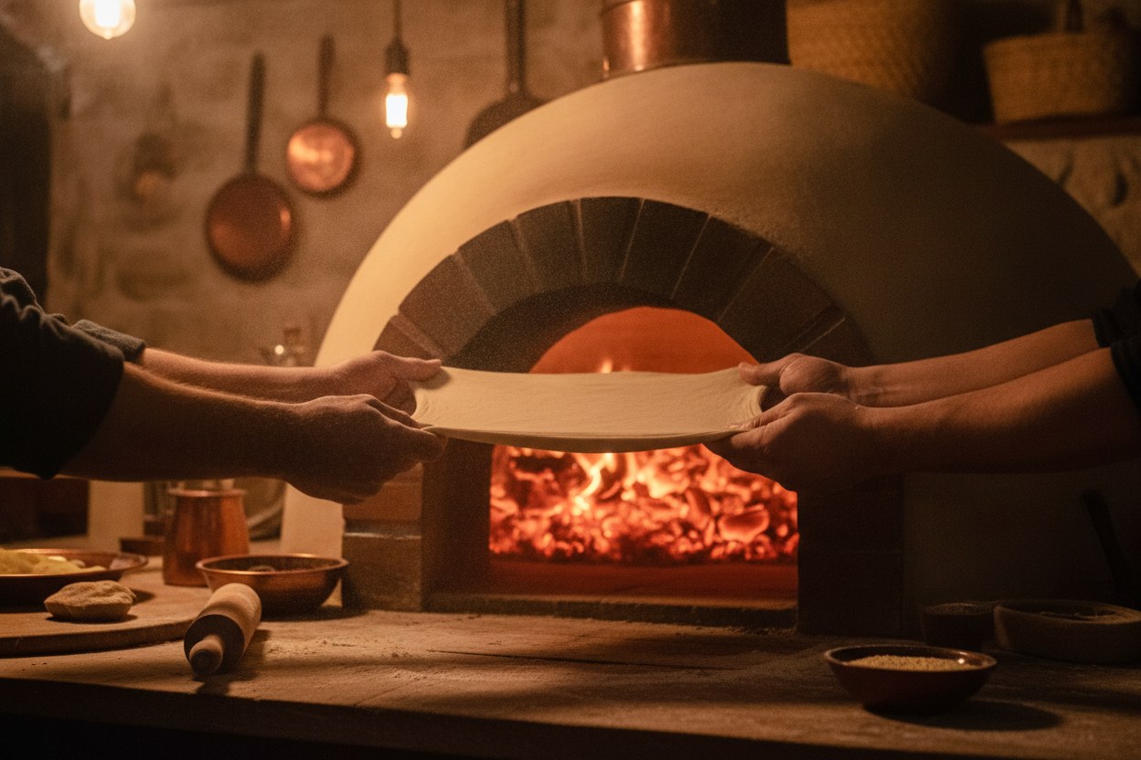 Köz ateşinde pişen, çıtır kenarlı taze lahmacun yakın plan