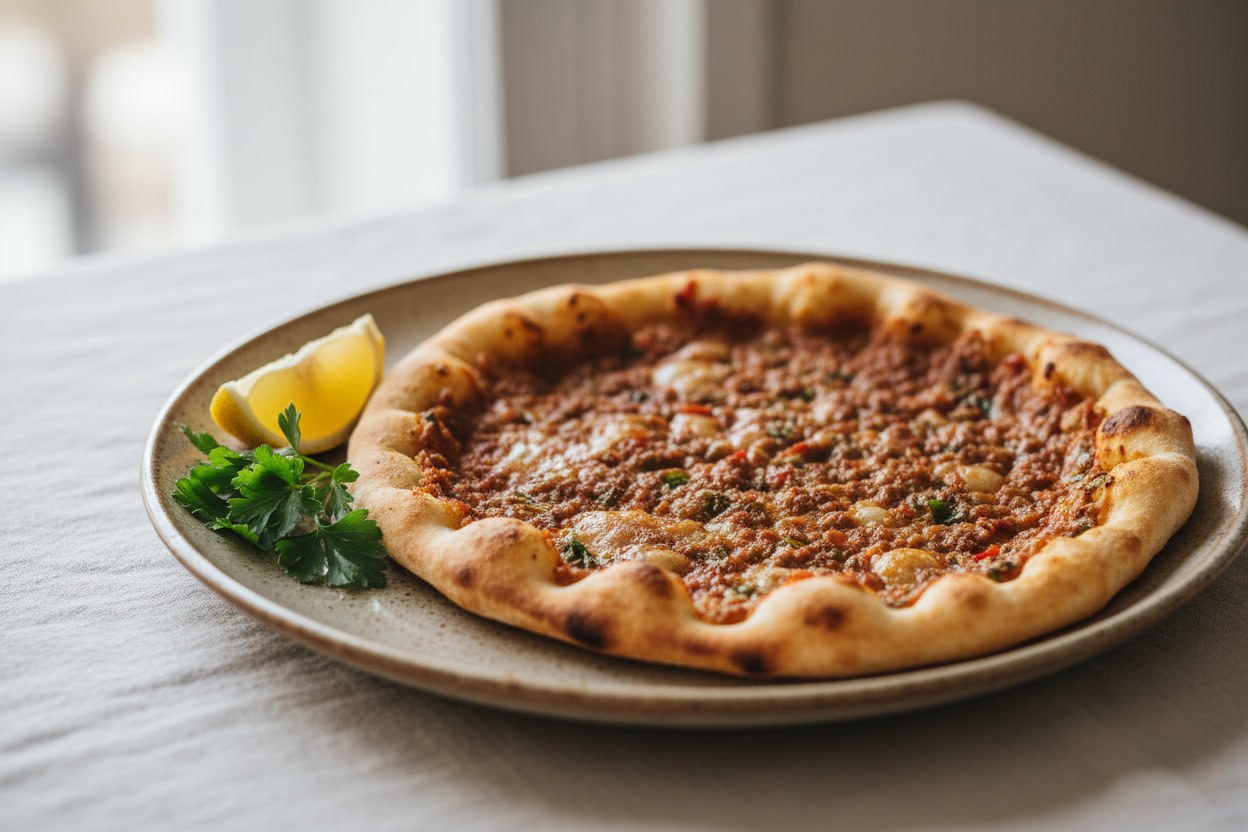 Rustik tabakta tek kişilik közde pişmiş lahmacun